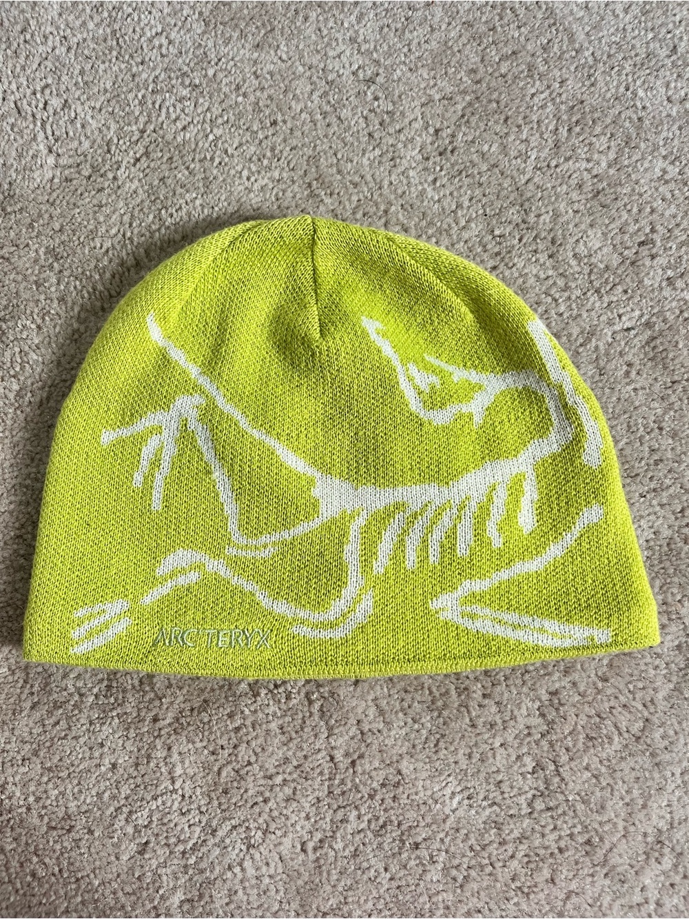 Arc'teryx Neon Lime Beanie with White Skeleton Graphic